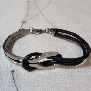 Handmade Infinity‎ Love Knot Black Leather Stainless Steel Mens Womens Bracelet